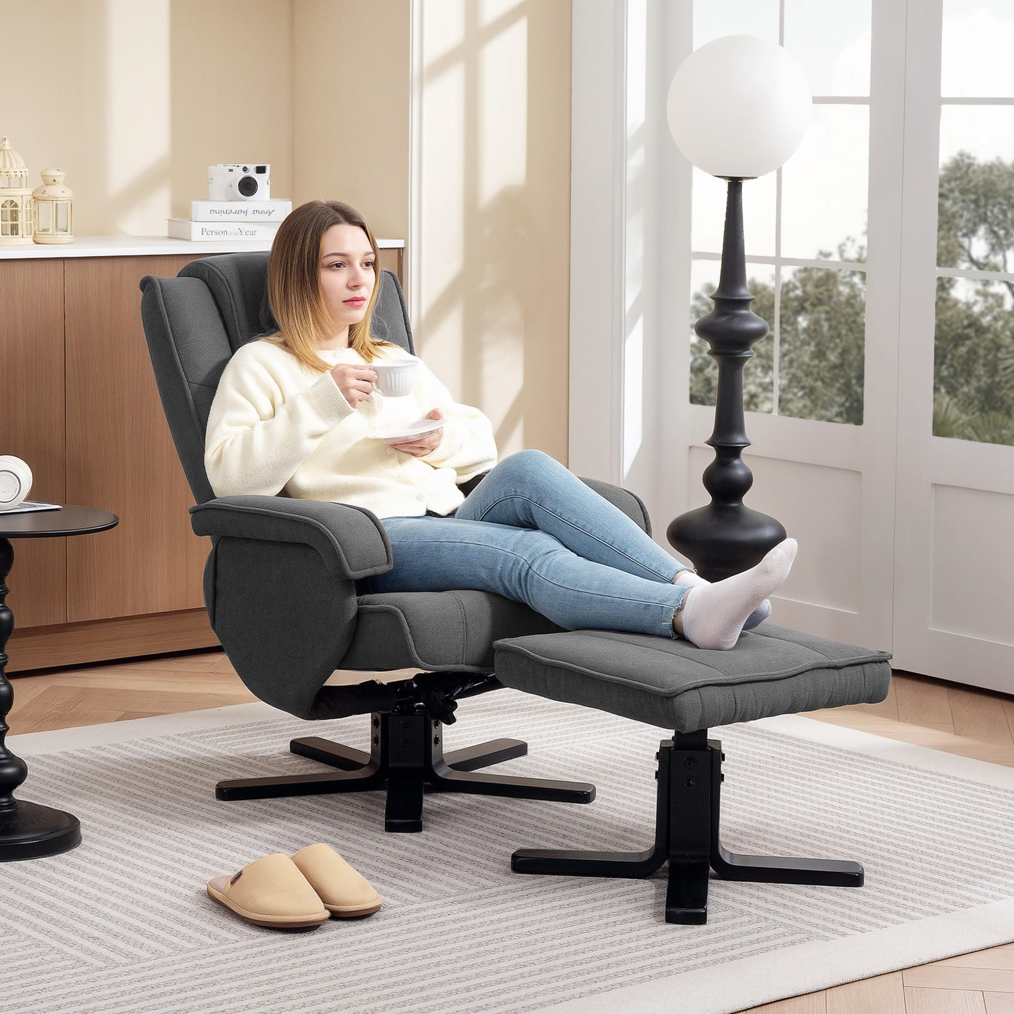 RELAXSESSEL mit Hocker, drehbarer Fernsehsessel mit Liegefunktion, Dunkelgrau - Dunkelgrau, Kunststoff (67/96/87cm) - HOMCOM