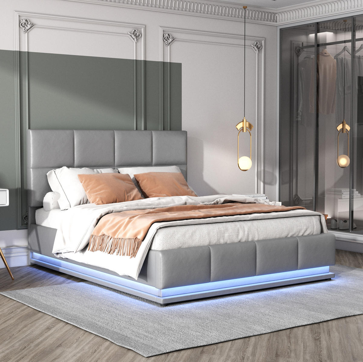 POLSTERBETT 140/200 cm mit LED-Beleuchtung, hydraulischem Bettkasten und Kunstlederbezug, Grau - Grau, Textil (140/200cm) - Redom