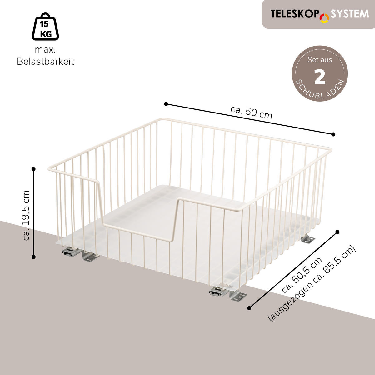 SCHRANK-KORBAUSZUG 50 cm, cremeweiß, Metall - Creme, Metall (50/23/50.5cm) - bremermann