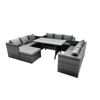 GARTENMÖBEL SET mit Hocker,Esstisch Polyrattan 10-Sitzer - Dunkelgrau/Grau, Glas/Kunststoff - Fimous