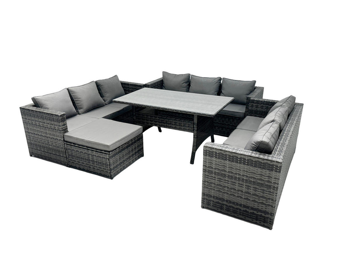 GARTENMÖBEL SET mit Hocker,Esstisch Polyrattan 10-Sitzer - Dunkelgrau/Grau, Glas/Kunststoff - Fimous