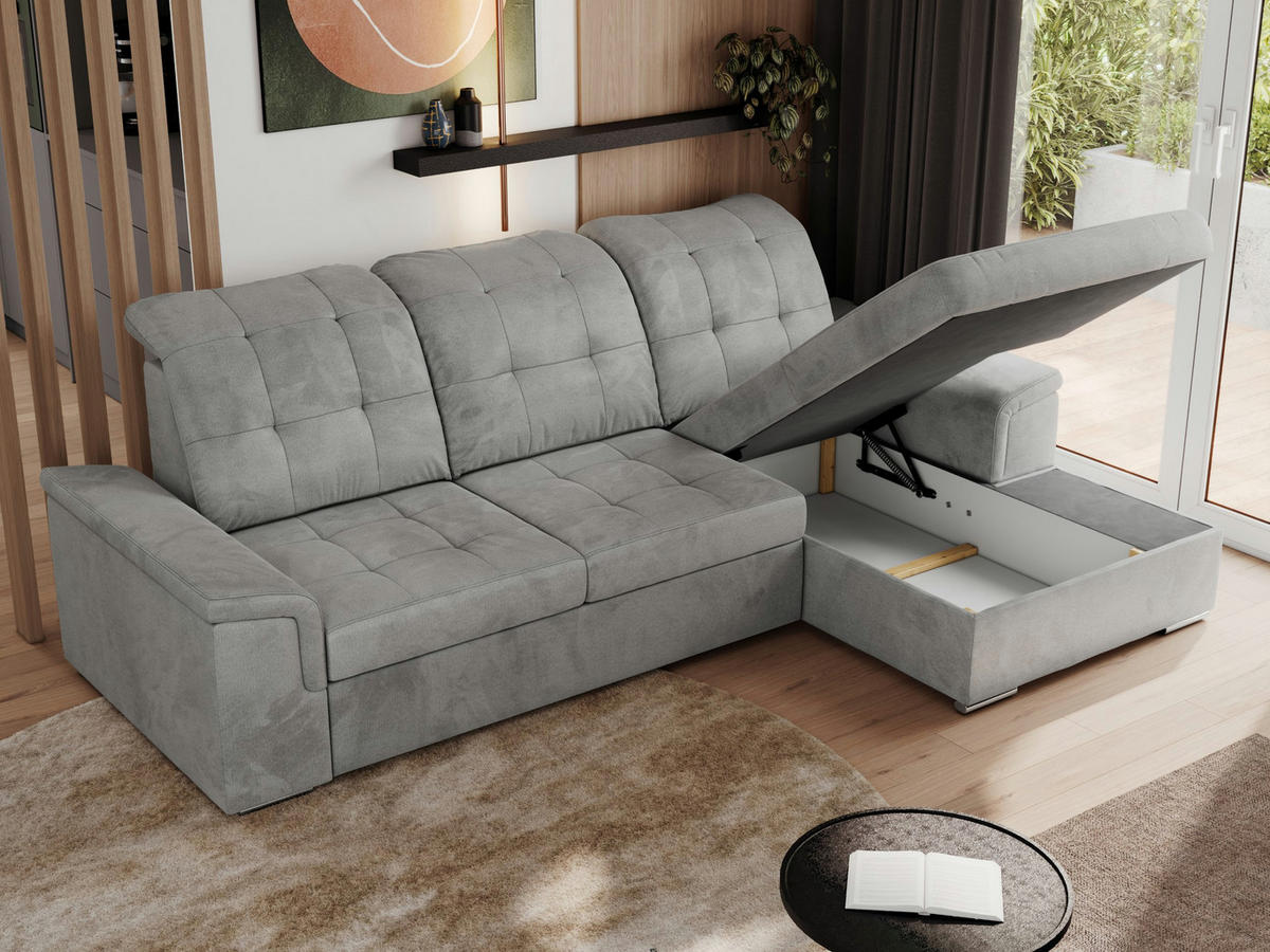ECKSOFA MADRITO L - Hellgrau Velorus - Rechts - Silberfarben/Hellgrau, Textil/Metall (256/160cm)