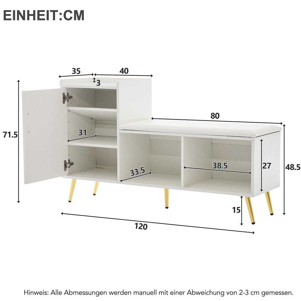SCHUHSCHRANK 120/35/71,5 cm mit Sitzbank, verstellbaren Einlegeböden und Hochglanzfront, Weiß - Weiß, Holzwerkstoff (120/71.5/35cm) - Redom