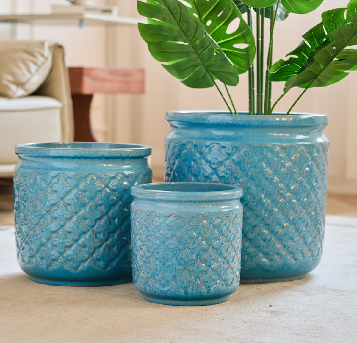 KERAMIKBLUMENTÖPFE, 3-teilig, 38,1/30,5/22,9cm, geometrisch, blau - Blau, Keramik (38/38/38cm) - Vallsero