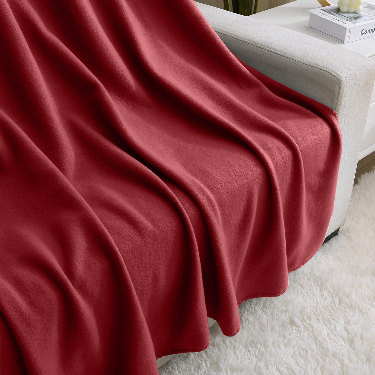 FLEECEDECKE 2er Set eco-line dunkelrot 130/160 cm aus 100% recyceltem Material Kettelrand Anti-Pilling - Bordeaux, Textil (130/160cm) - wometo