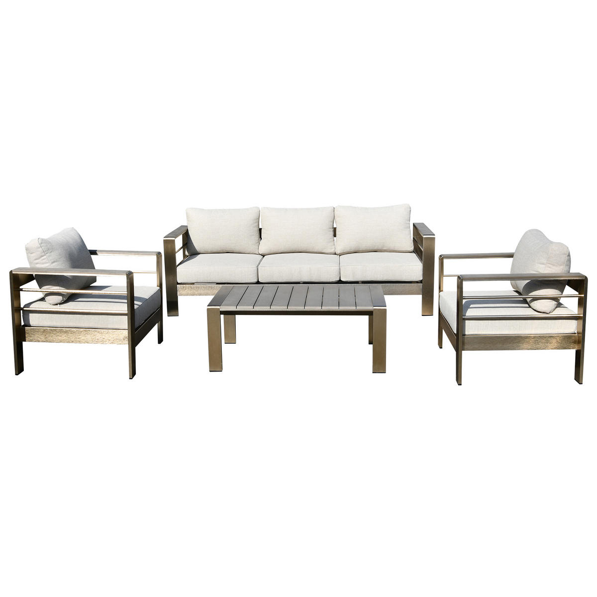 LOUNGE-SET Solihull - Sitzgruppe 4-teilig aus gebürstetem Aluminium, Tischplatte und Armlehnen aus Kunstholz dunkelgrau - Grau, Metall - TPFGarden