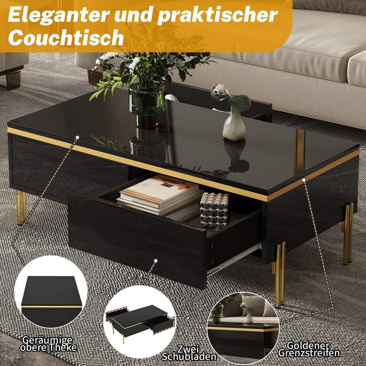 COUCHTISCH 100x50 Hochglanz Multifunktion Wohnzimmertisch - Schwarz, Holzwerkstoff (100/50/36cm) - FLIEKS