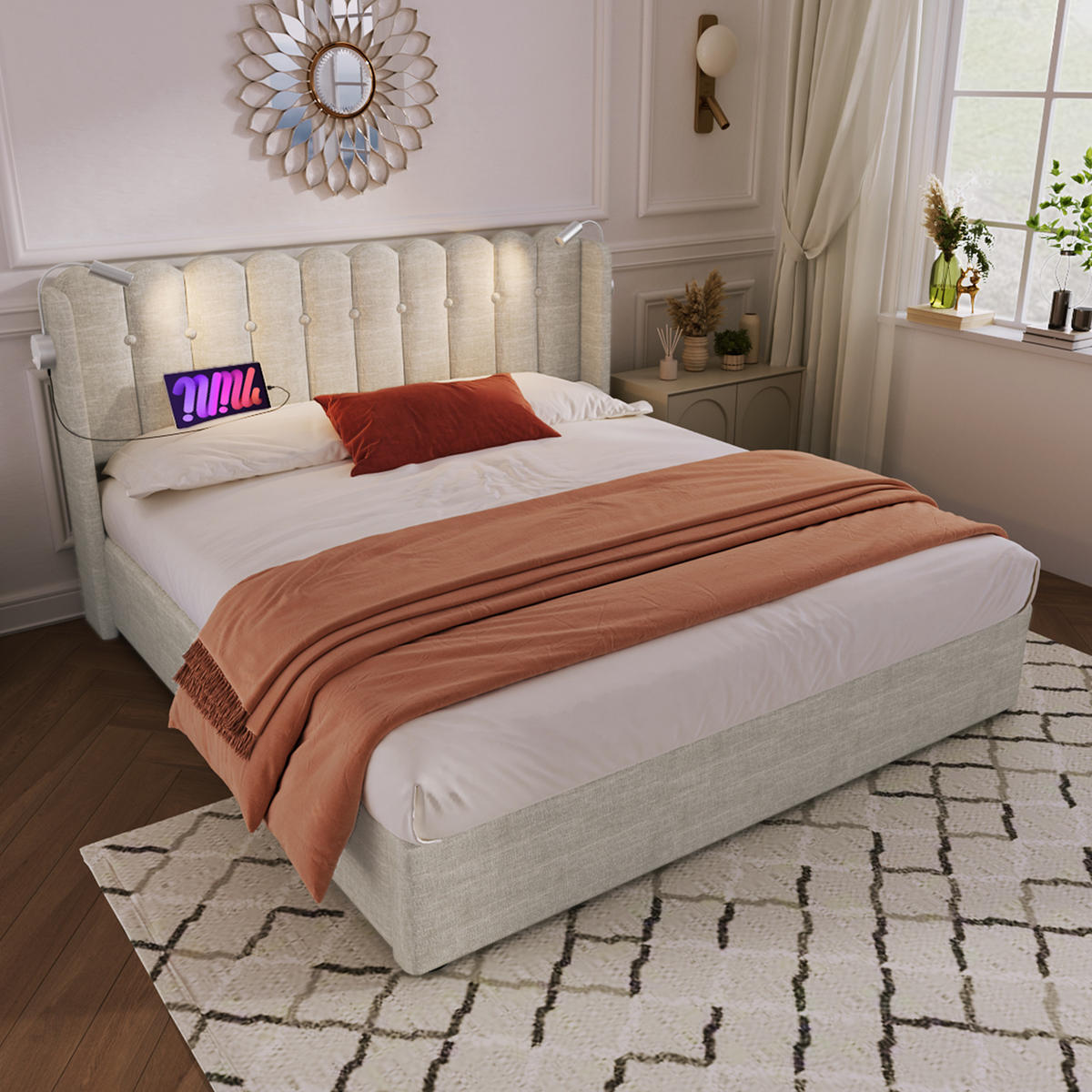 POLSTERBETT mit Bettkasten 160/200 cm in Beige mit Leselicht, USB und Lattenrost - Beige, Textil (160/200cm) - BEAOK