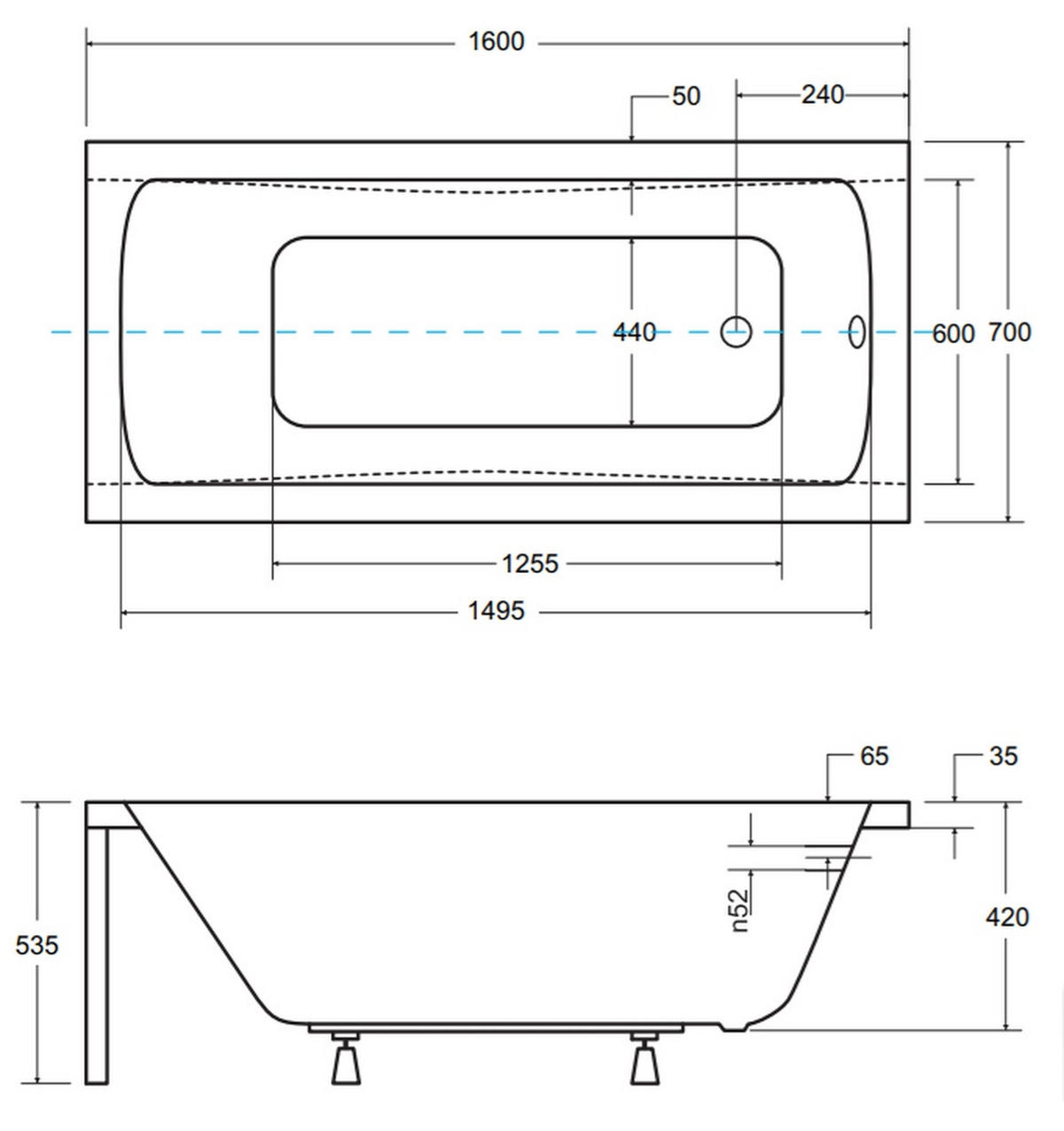 BADEWANNE Rechteck OPTIMA 160/70 + Träger + Ablage Ablauf Füße - Weiß, Kunststoff (70/53.5/160cm) - bad land
