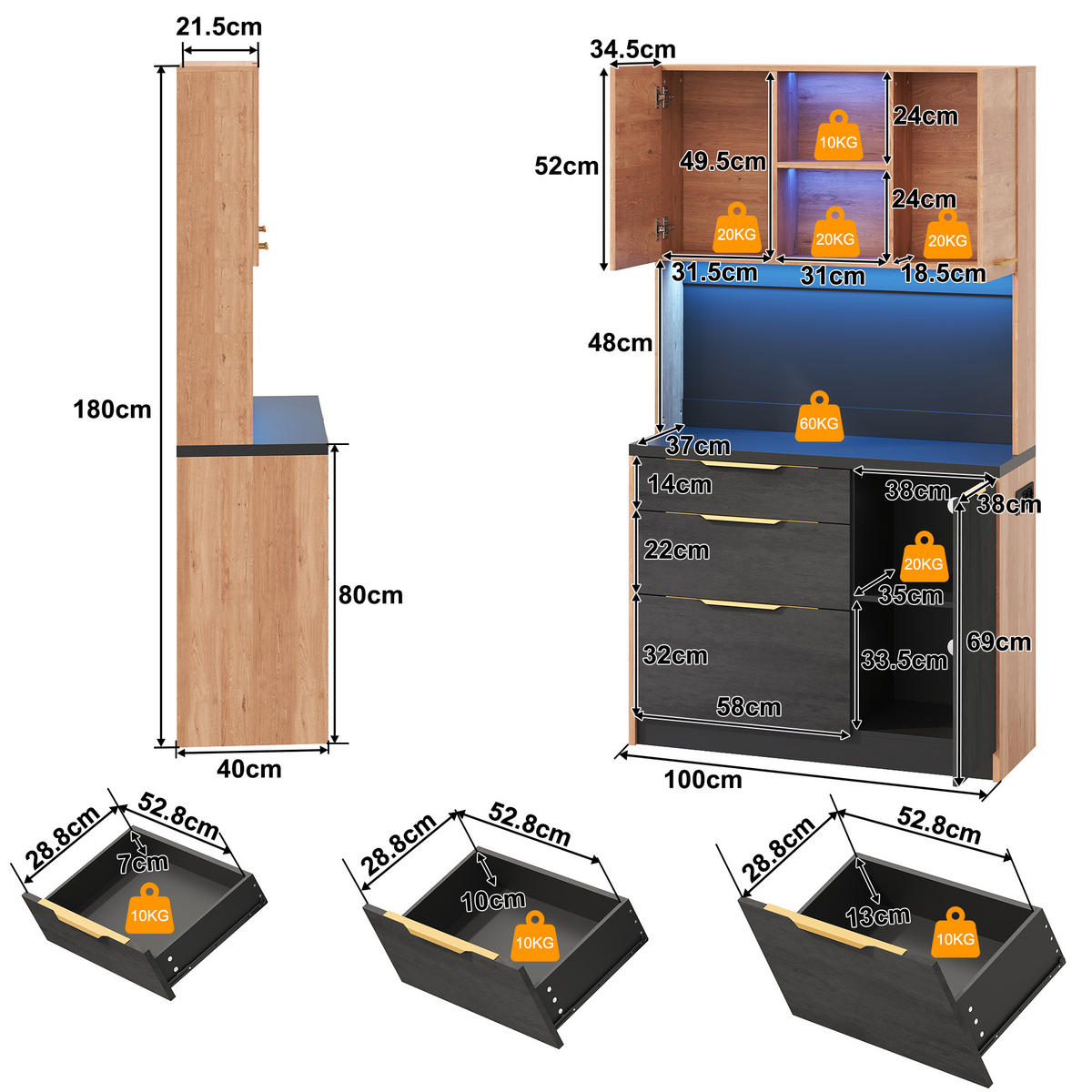 BUFFET 100/40/180 cm neutral aus MDF mit LED - Naturfarben, Holzwerkstoff (100/180/40cm) - OKWISH