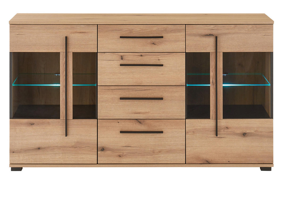 SIDEBOARD Eiche Evoke, Kommode 150 cm mit Beleuchtung - Eichefarben/Schwarz, Glas/Holzwerkstoff (150/86/42cm) - Furn.Design