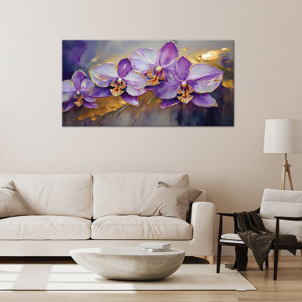 LEINWANDBILD Bemalte Orchideenblüten Lila 100x50cm - Lila, Textil (100/50cm) - Feeby
