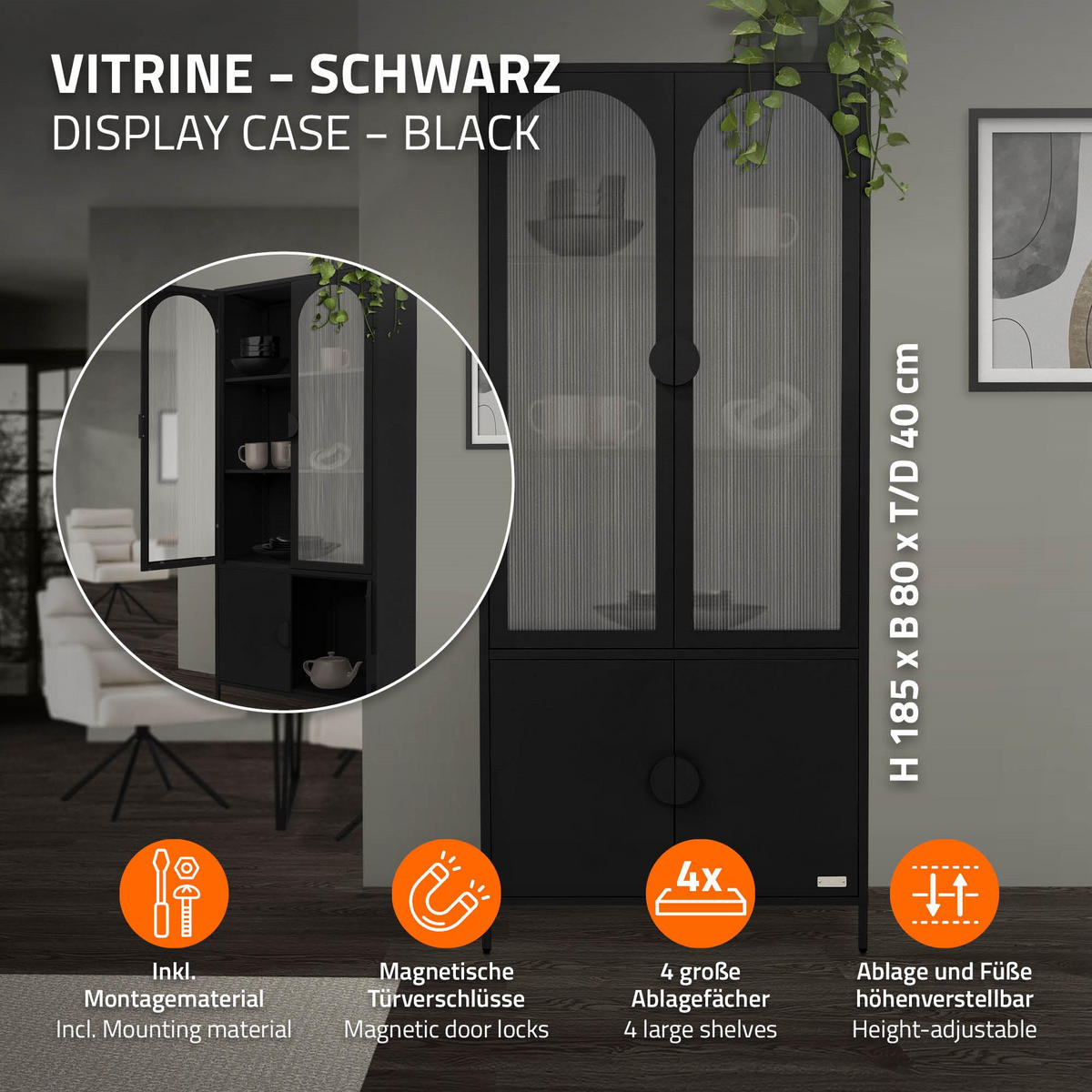 VITRINENSCHRANK 80x185x40 cm Schwarz aus Stahl mit 4 Türen - Schwarz, Metall (80/185/40cm) - ML-DESIGN