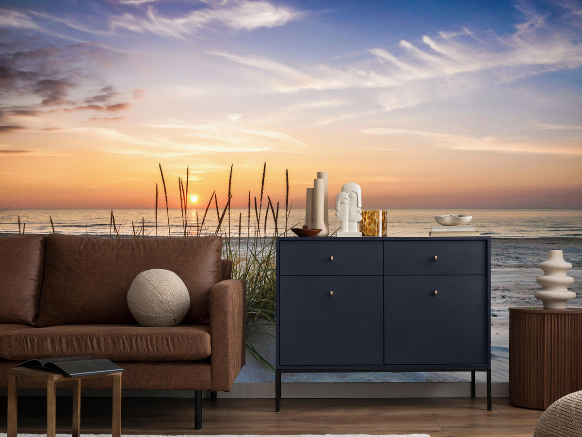 FOTOTAPETE für Wohnzimmer Landschaft Meer Strand Dünen Sonnenuntergang 200x140 - Beige/Violett, Papier (200/140cm) - Muralo