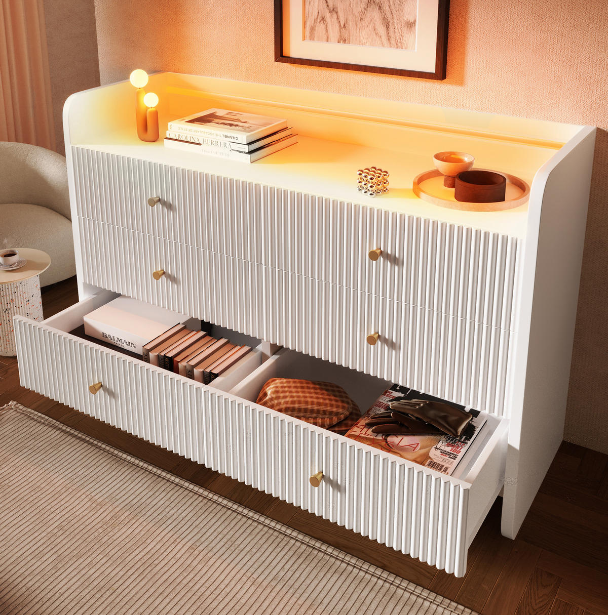 SIDEBOARD aus Spanplatte 120x40x75 cm Weiß mit LED-Beleuchtung, 6 Schubladen und Wellenfront - Weiß, Holzwerkstoff (120/75/40cm) - Modfu
