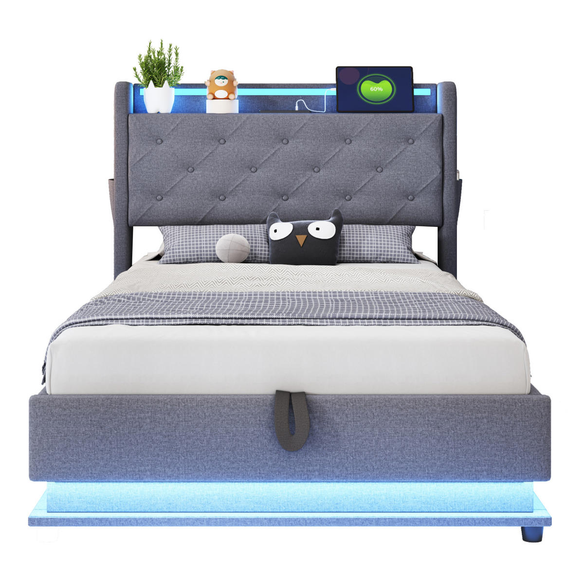 POLSTERBETT 90/200 cm Grau mit hydraulischem Stauraum und USB-Anschlüssen - Grau, Textil (90/200cm) - OKWISH