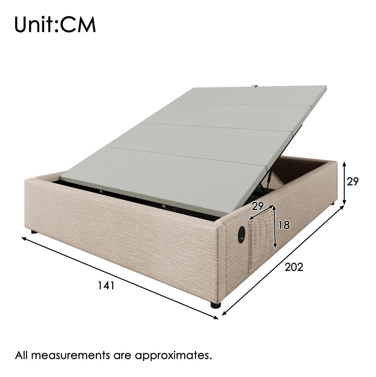 POLSTERBETT aus Leinen 140x200 cm in Natur mit USB-C & Stauraum - Naturfarben, Textil (140/200cm) - Modfu