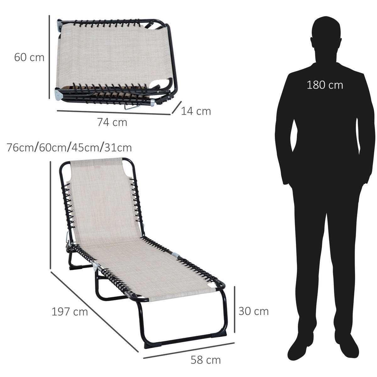 SONNENLIEGE faltbar Gartenliege Beige 4-stufig verstellbare Rückenlehne - Beige, Metall (58/30/197cm) - ComfortXL