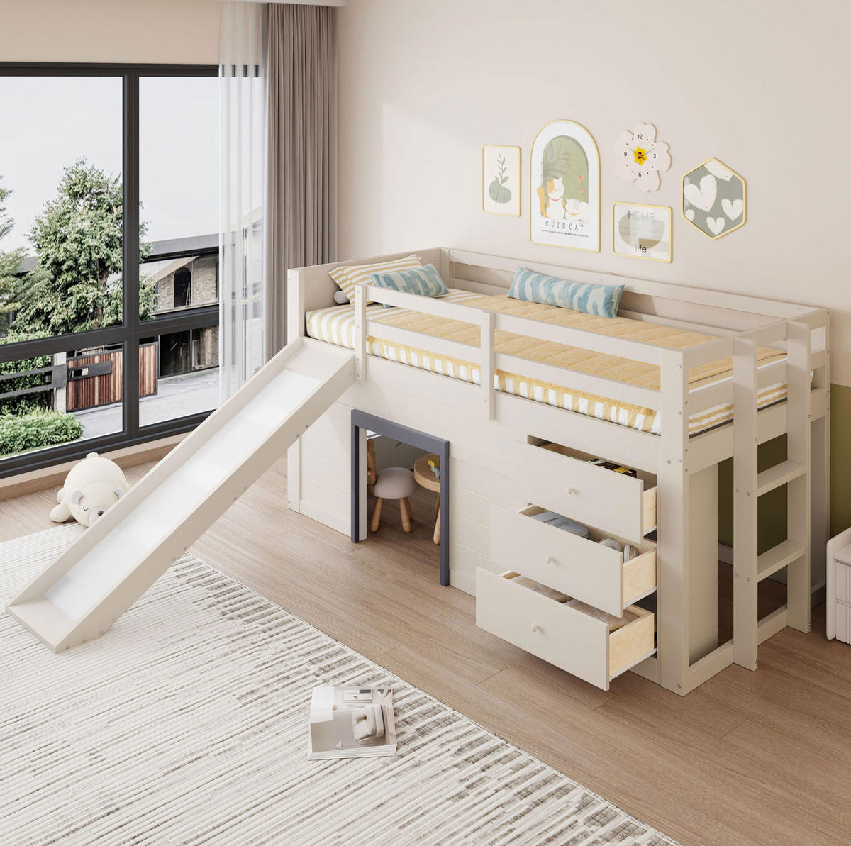 HOCHBETT 90/200 cm mit Rutsche, 3 Schubladen und 2 Türen aus Holzwerkstoff und MDF, Creme - Weiß, Holzwerkstoff (90/200cm) - Redom