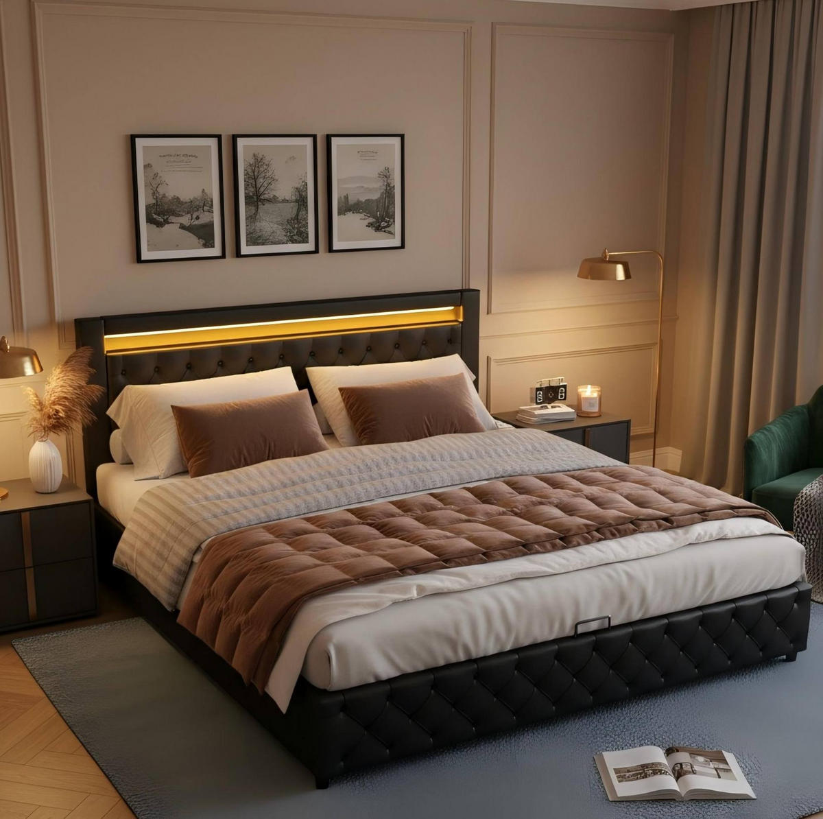 BETT mit Stauraum und LED 140x190 cm PU Black - Schwarz, Metall (140/190cm) - Meubliv