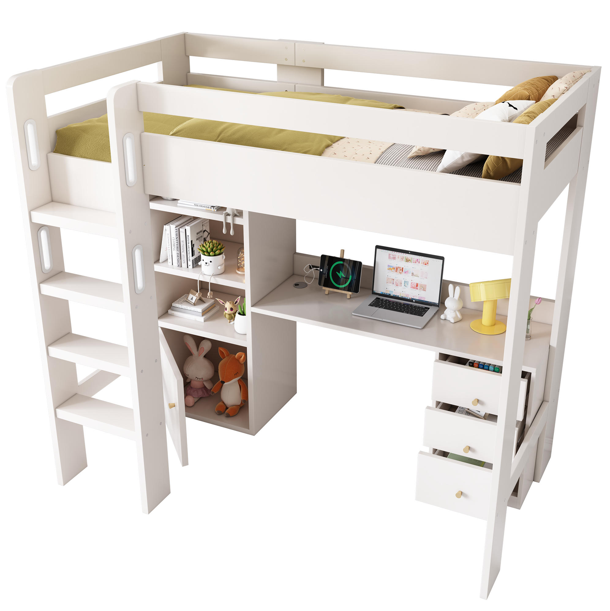 HOCHBETT 90/200 cm in Weiß mit Schreibtisch, Stauraum und USB- und Type-C-Anschlüssen - Weiß, Holzwerkstoff (90/200cm) - Flora Grace