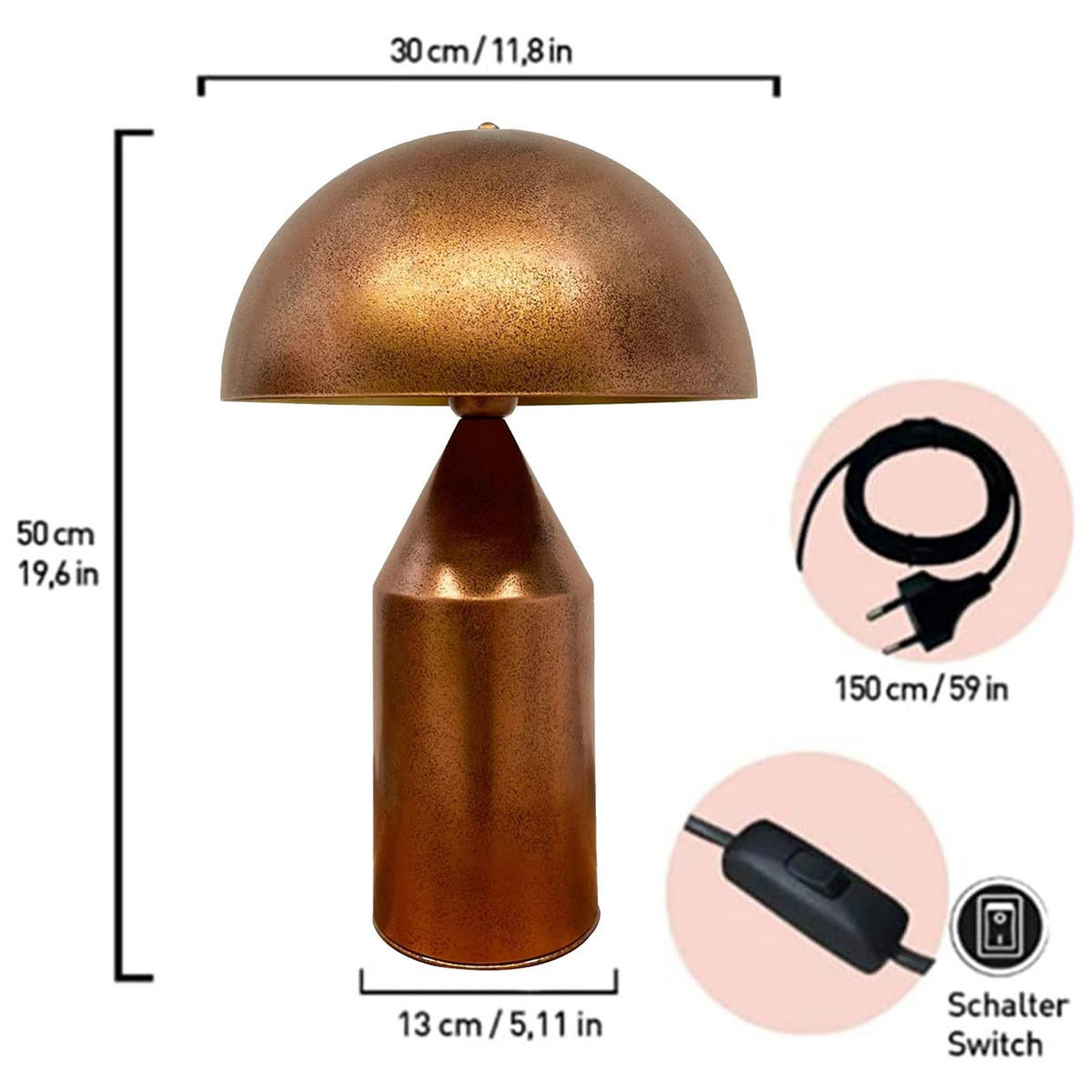 TISCHLEUCHTE Pilzlampen 50/30 - Kupferfarben, Metall (30/50cm) - Bamyum