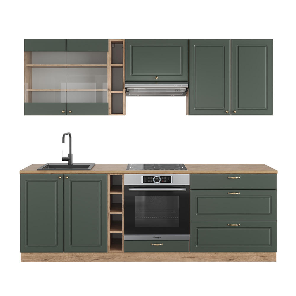 KÜCHENZEILE Fame-Line Grün-Gold Landhaus/Goldkraft Eiche 235 cm ohne AP - Eiche Wotan/Grün, Holzwerkstoff (235/81.6/46cm) - Vicco