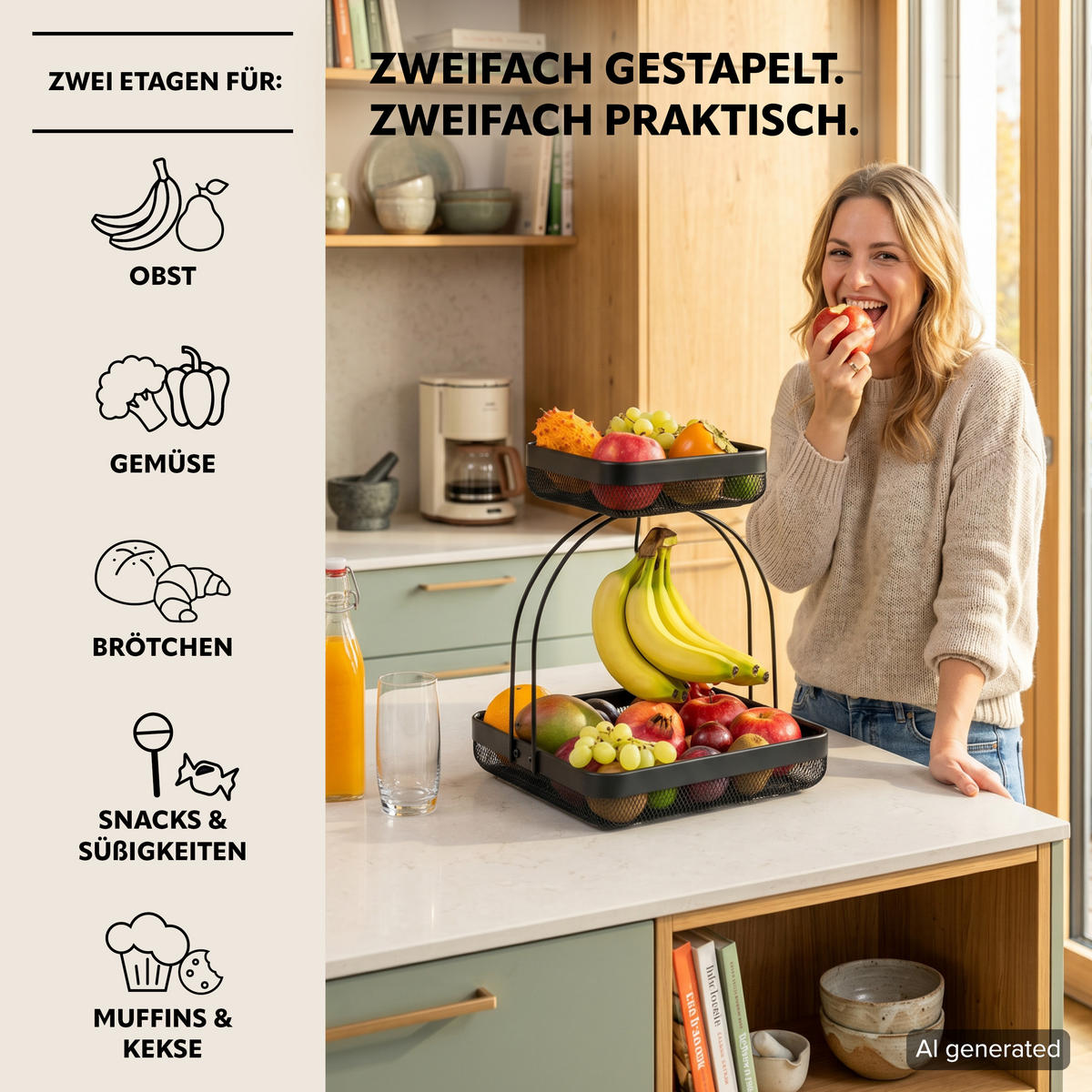 OBSTETAGERE mit Bananenhalter, schwarz, eckig - Schwarz, Metall (31/38.5cm) - eluno