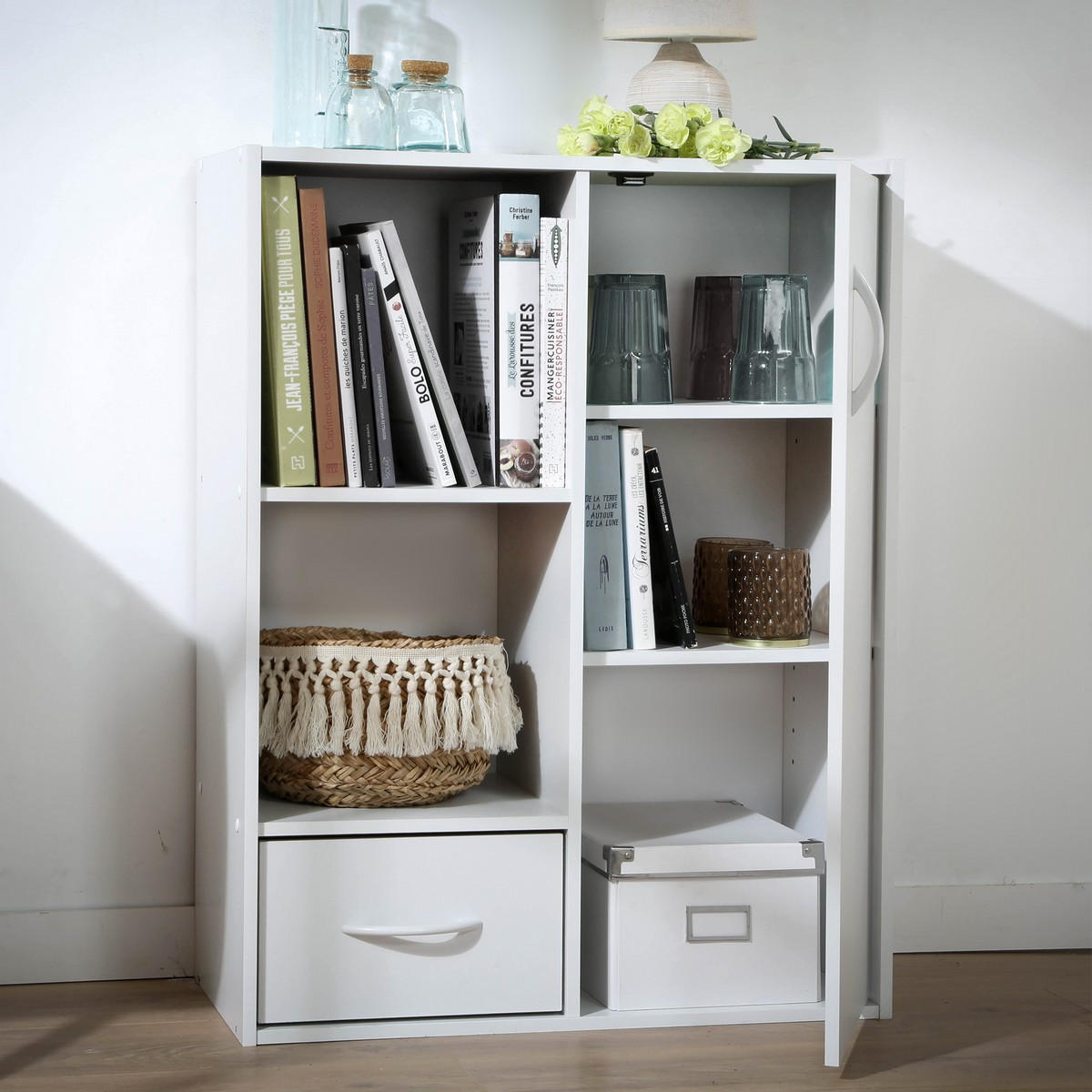 SCHRANK mit 2 Fächern, 1 Schublade und 1 Tür - Weiß, Holzwerkstoff (29.5/80/61.5cm) - Calicosy