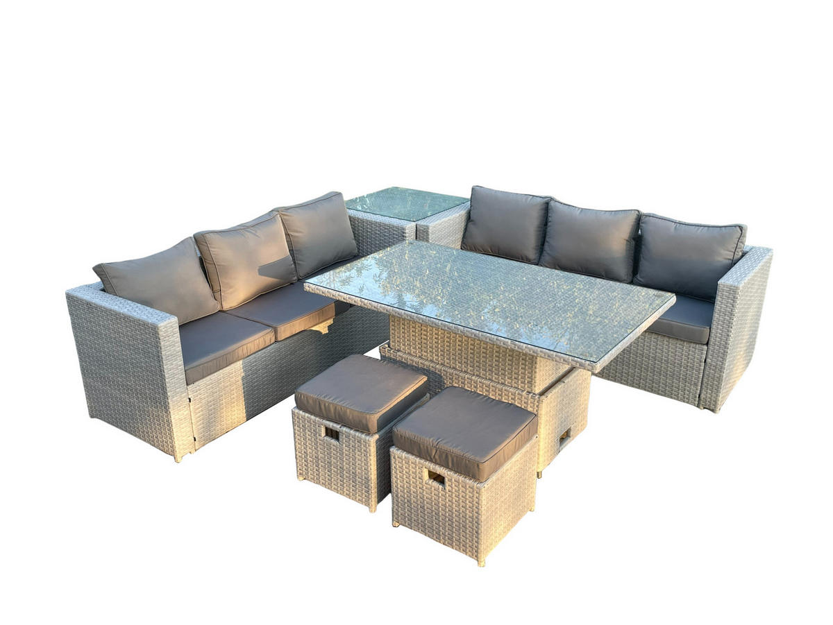 GARTENSOFA SET mit höhenverstellbarer Tisch Polyrattan Helles Grau 8-Sitzer - Hellgrau, Metall - Fimous