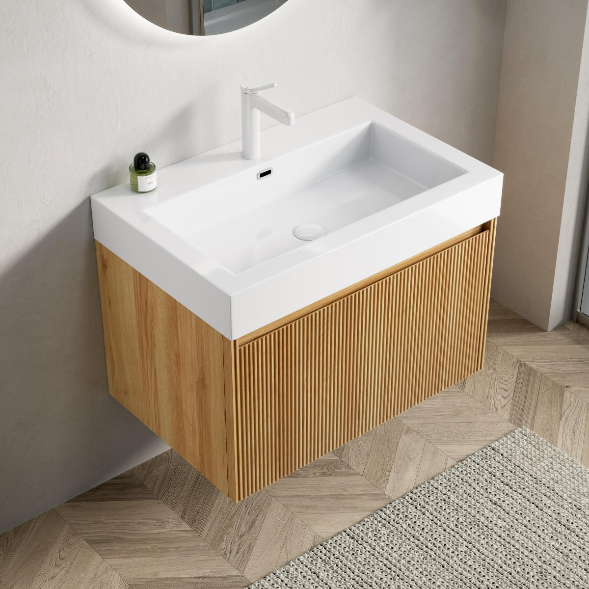 WASCHTISCH Badmöbel 70 cm,Wandhängend Keramik-Waschbecken Eiche Optik Unterschrank Soft Close - Naturfarben, Holz (70/50/46cm) - PARAFTA HOME
