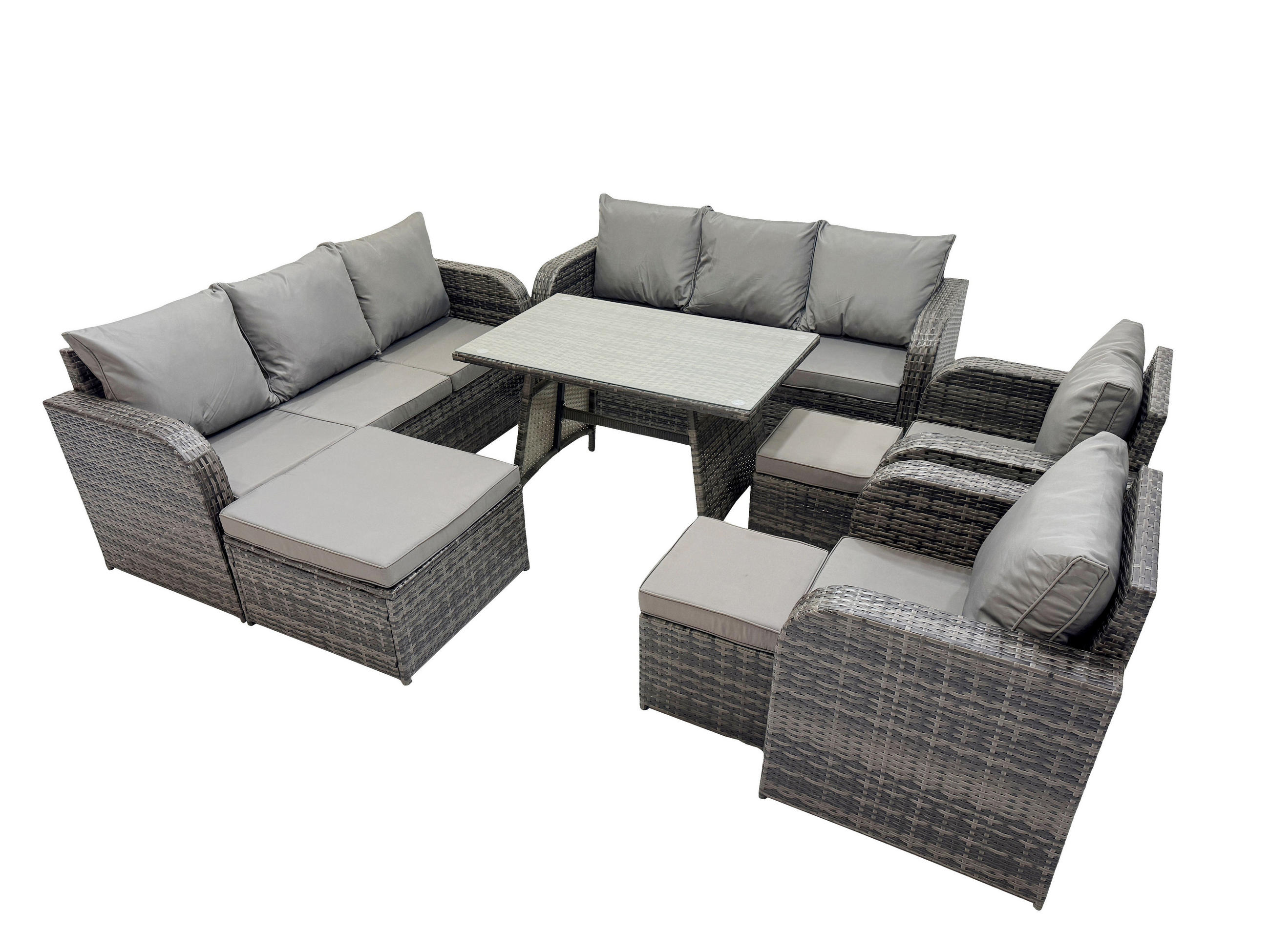 GARTENSET Hohe Rückenlehne Polyrattan 11-Sitzer - Dunkelgrau/Grau, Glas/Kunststoff - Fimous