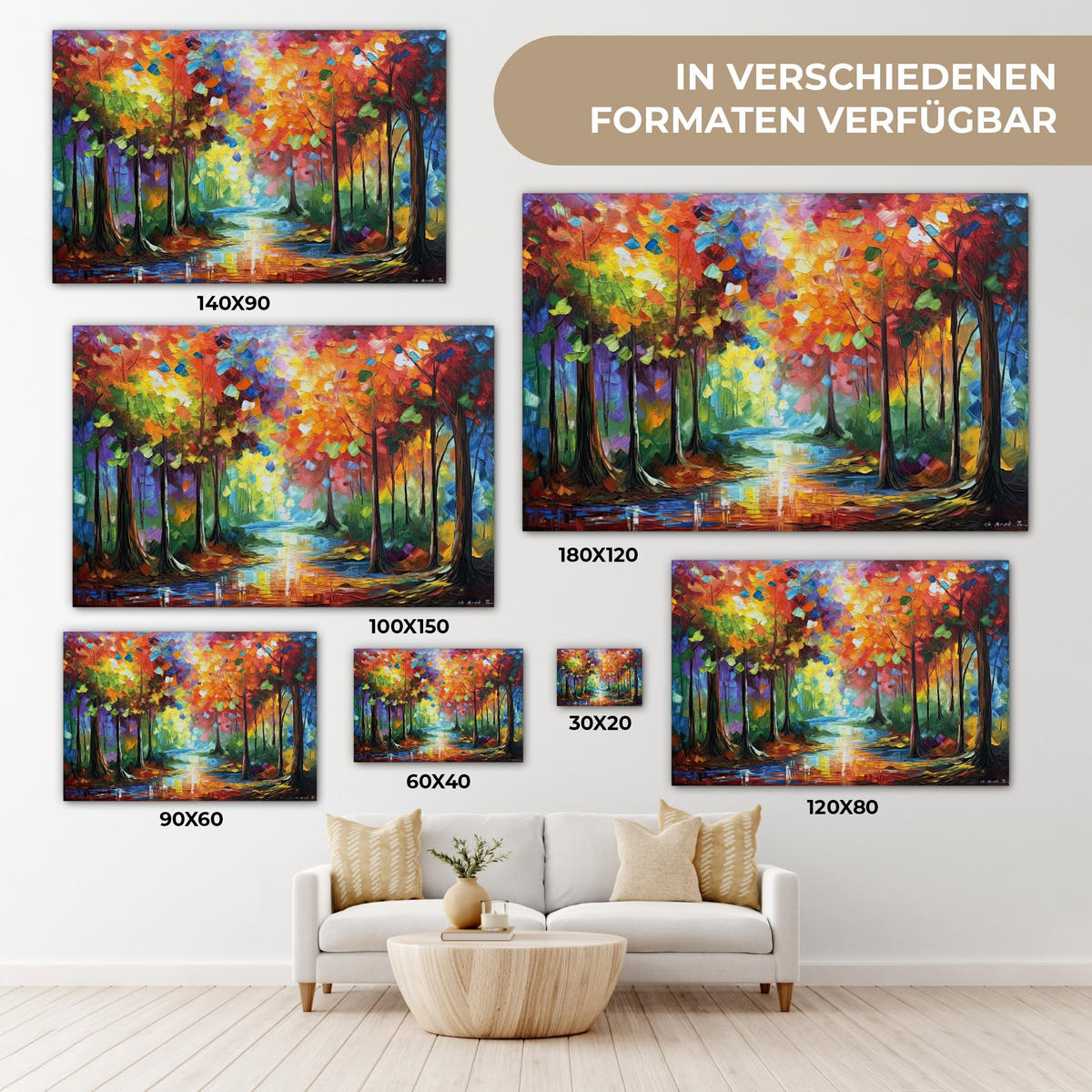 LEINWANDBILD Landschaft - Wald - Farben - Natur Wohnzimmer 120x80 cm - Multicolor, Textil (120/80cm) - MuchoWow