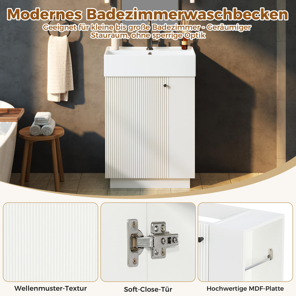 BADEZIMMERSCHRANK Waschbeckenunterschrank Rillenoptik Keramik 55cm - Weiß, Keramik (55/87/32cm) - FLIEKS