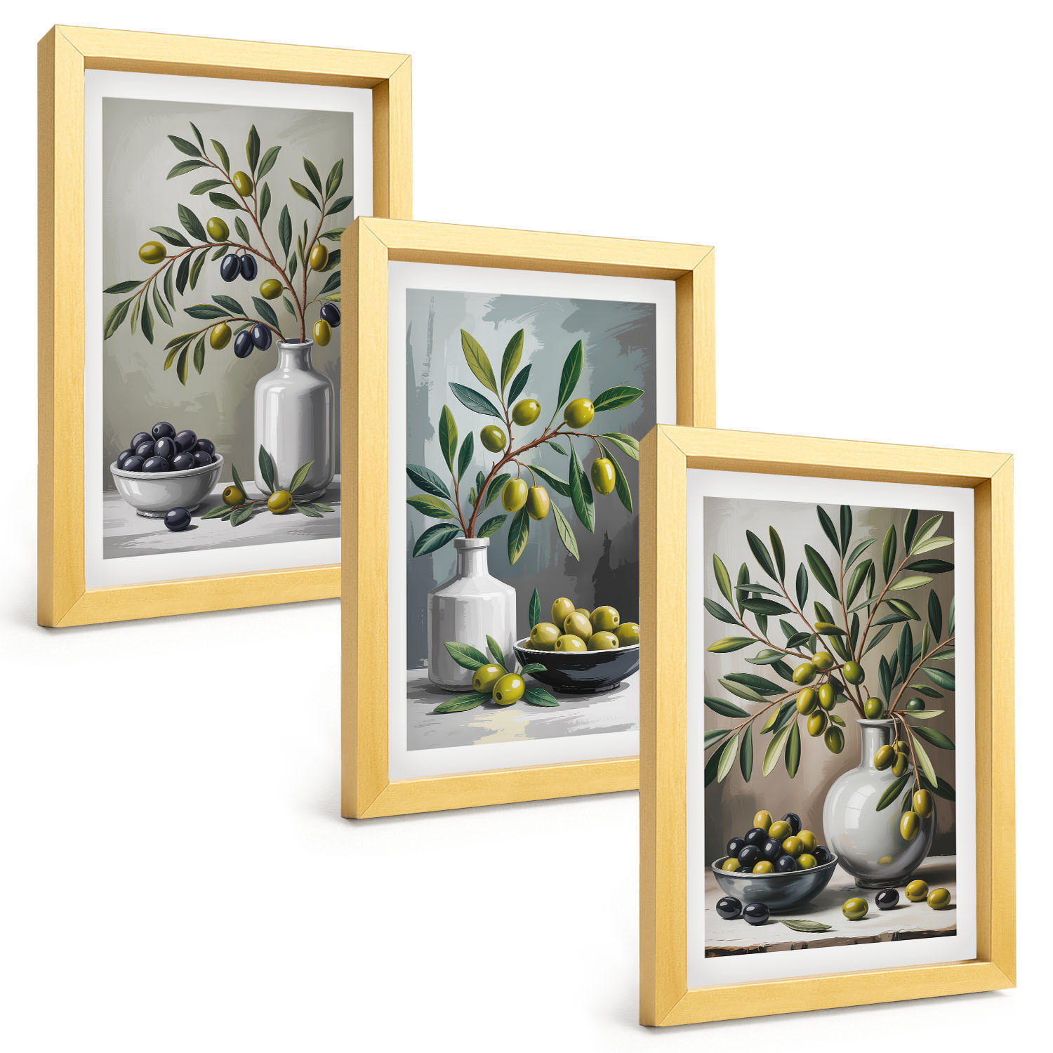 BILDER SET 3er Set - 20x30 cm Goldrahmen - Keramik olivgrau - Goldfarben, Kunststoff (20/30cm) - TULUP