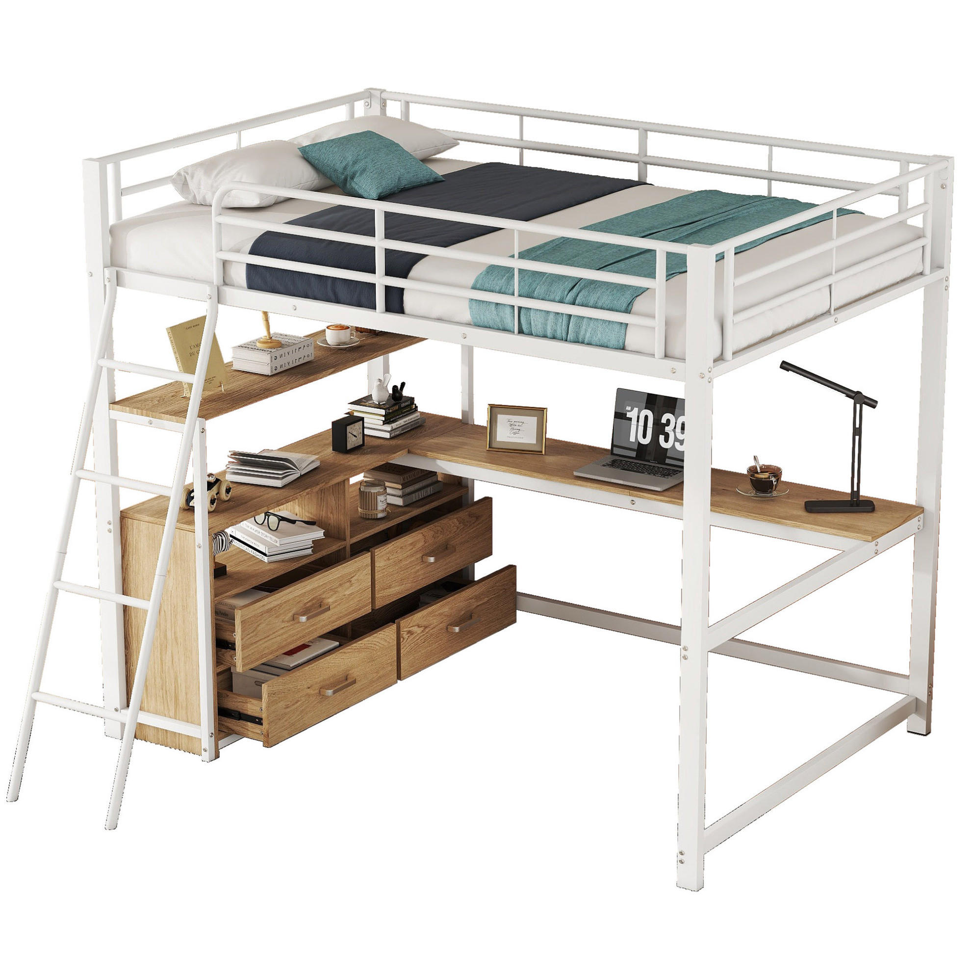 HOCHBETT 140/200 cm Weiß aus Metall und MDF mit L-förmigem Schreibtisch - Weiß, Holzwerkstoff (140/200cm) - OKMYHOME