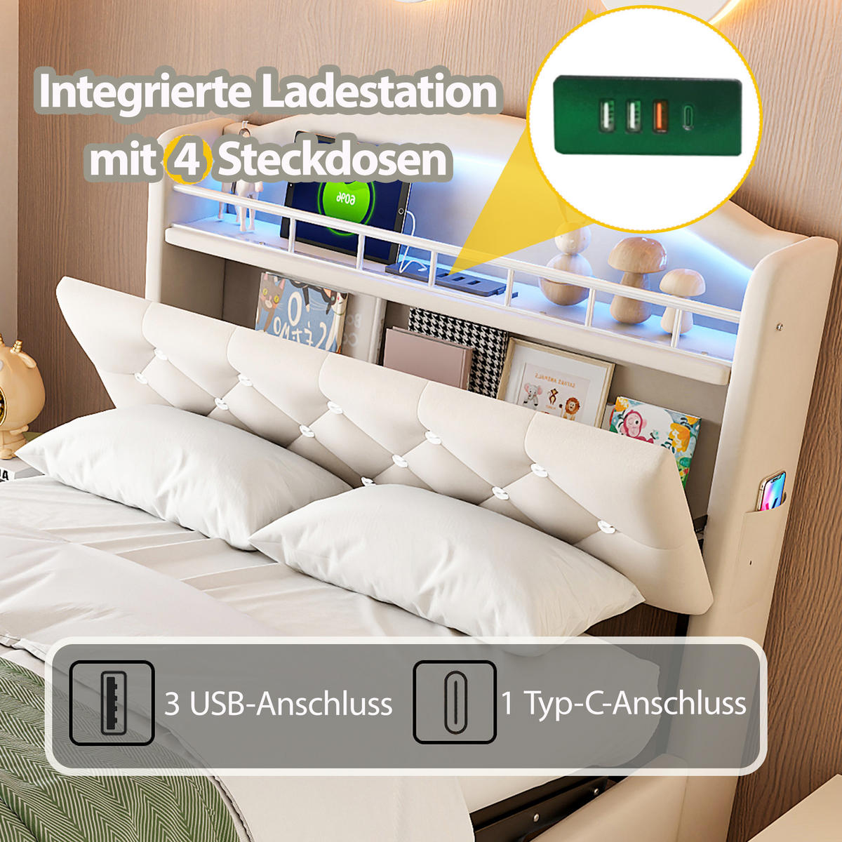 KINDERBETT 90x200 cm Samt LED USB beige - Beige, Textil (90/200cm) - LEBENLANG