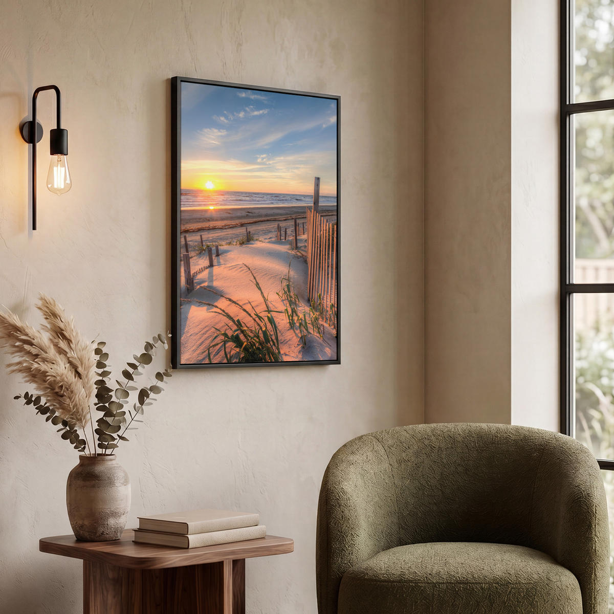 LEINWAND Bilder mit Rahmen - Strand - Meer - Düne - Sonnenuntergang - Landschaft - 50x70 - Beige, Textil (50/70cm) - MuchoWow