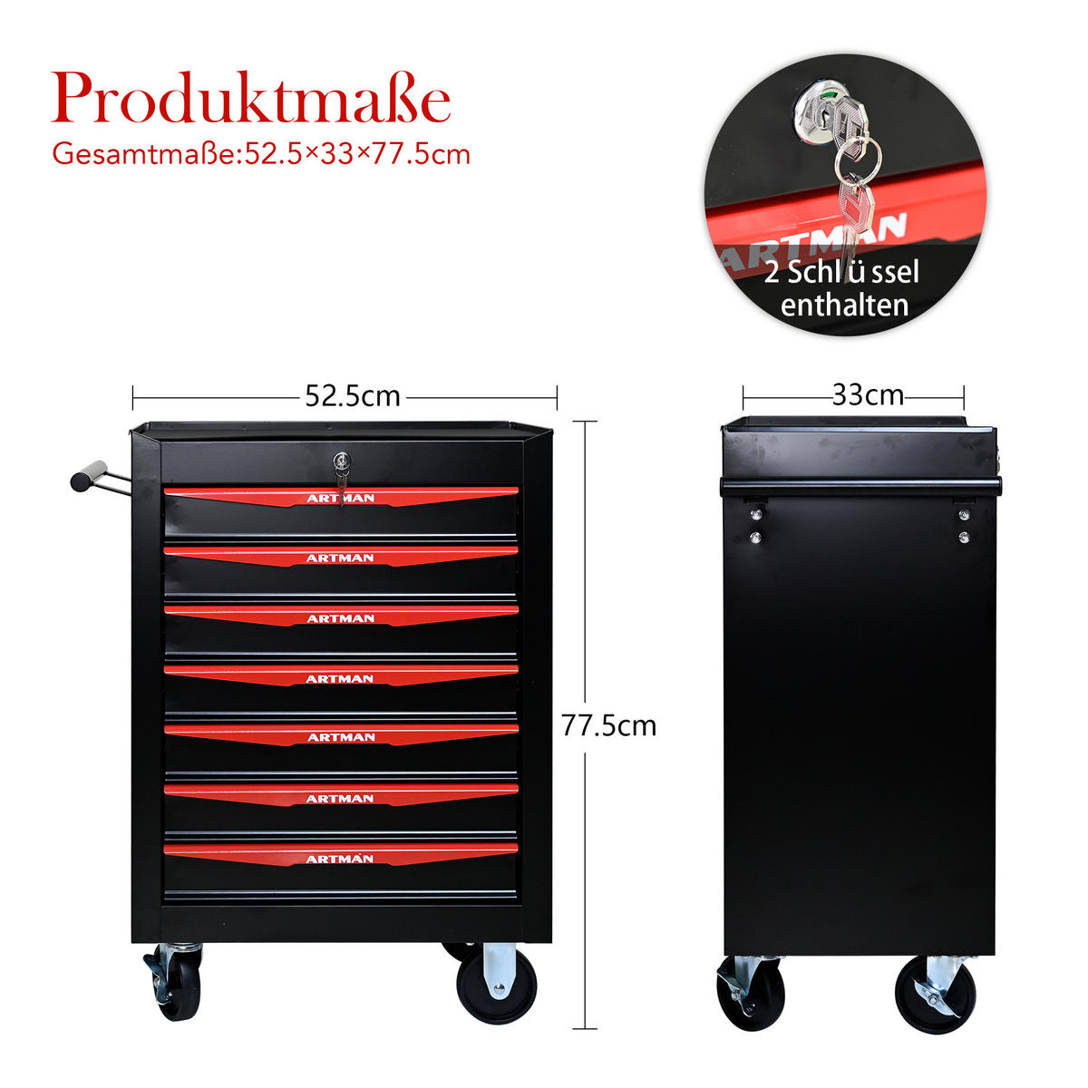 KOMBINATIONS-WERKZEUGSCHRANK – 7 Schubladen – 508 mm (20 Zoll) – Farbgebung: Schwarz und Rot - Multicolor, Metall (33/77.5/60cm) - DCA