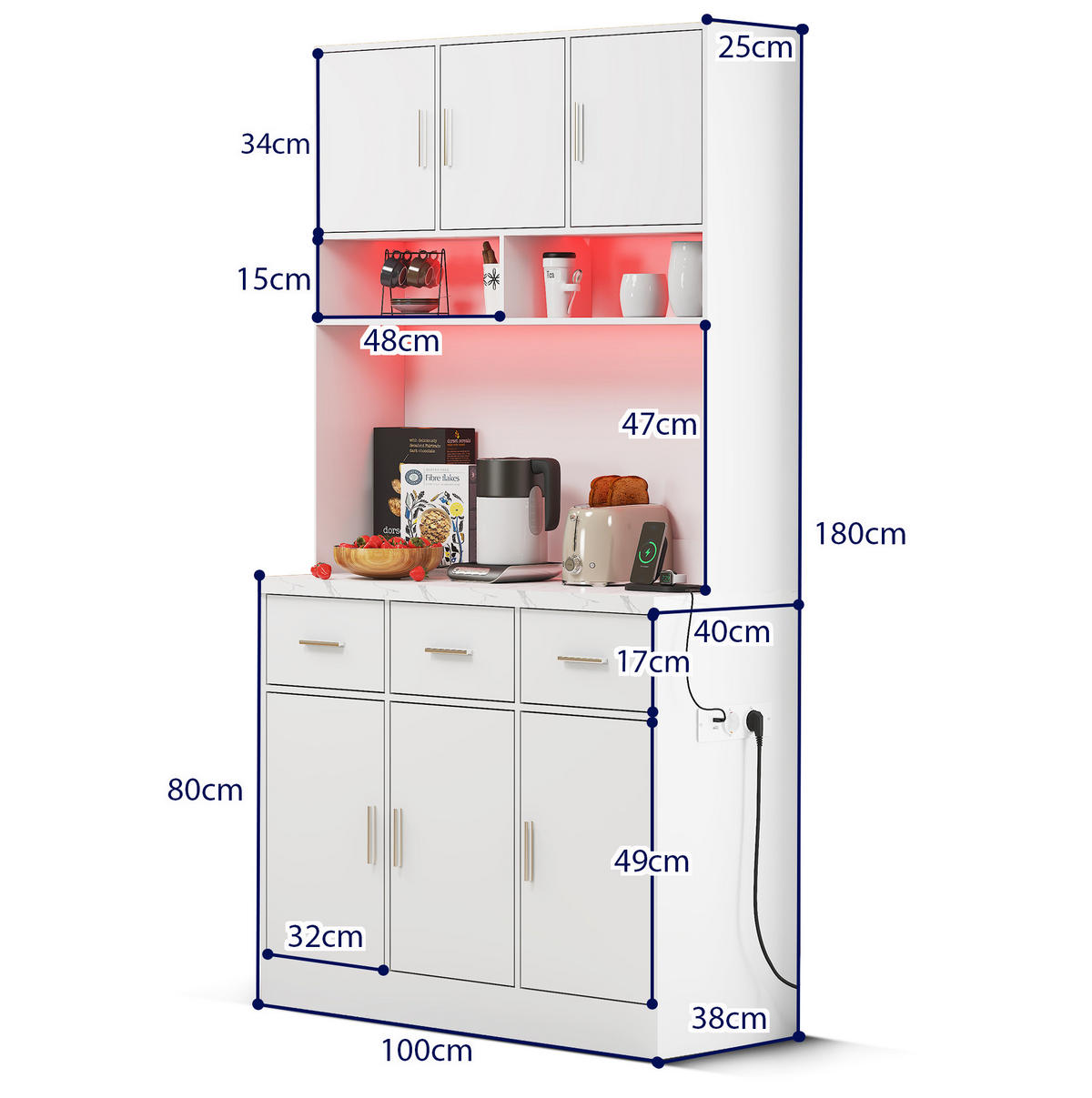 BUFFET 100/40/180 cm aus MDF mit LED-Beleuchtung und Steckdosenleiste Weiß - Weiß, Holzwerkstoff (100/180/40cm) - Modenvie