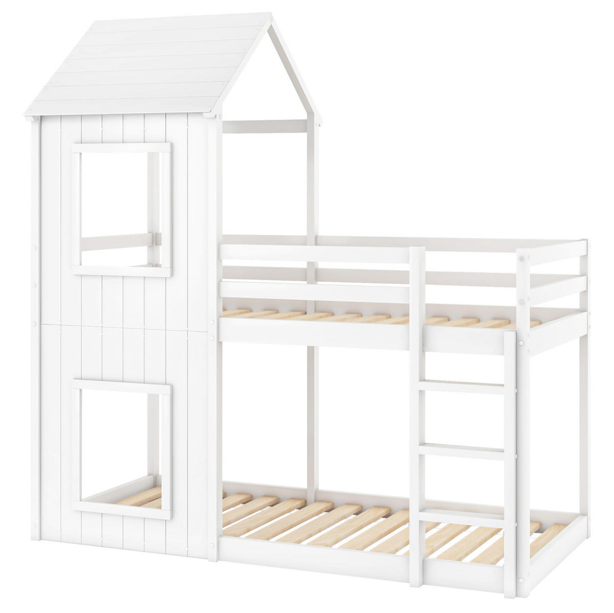 KINDERBETT 90/200 cm aus Kiefernholz mit Sicherheitsgeländer und Hausdach, Weiß - Weiß, Holzwerkstoff (90/200cm) - Redom