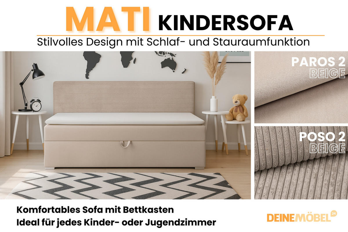 BOXBETT MATI 100/200 Beige mit Taschen-Federkernmatratze H4 - Beige, Holz/Holzwerkstoff (100/200cm) - Deine Möbel 24