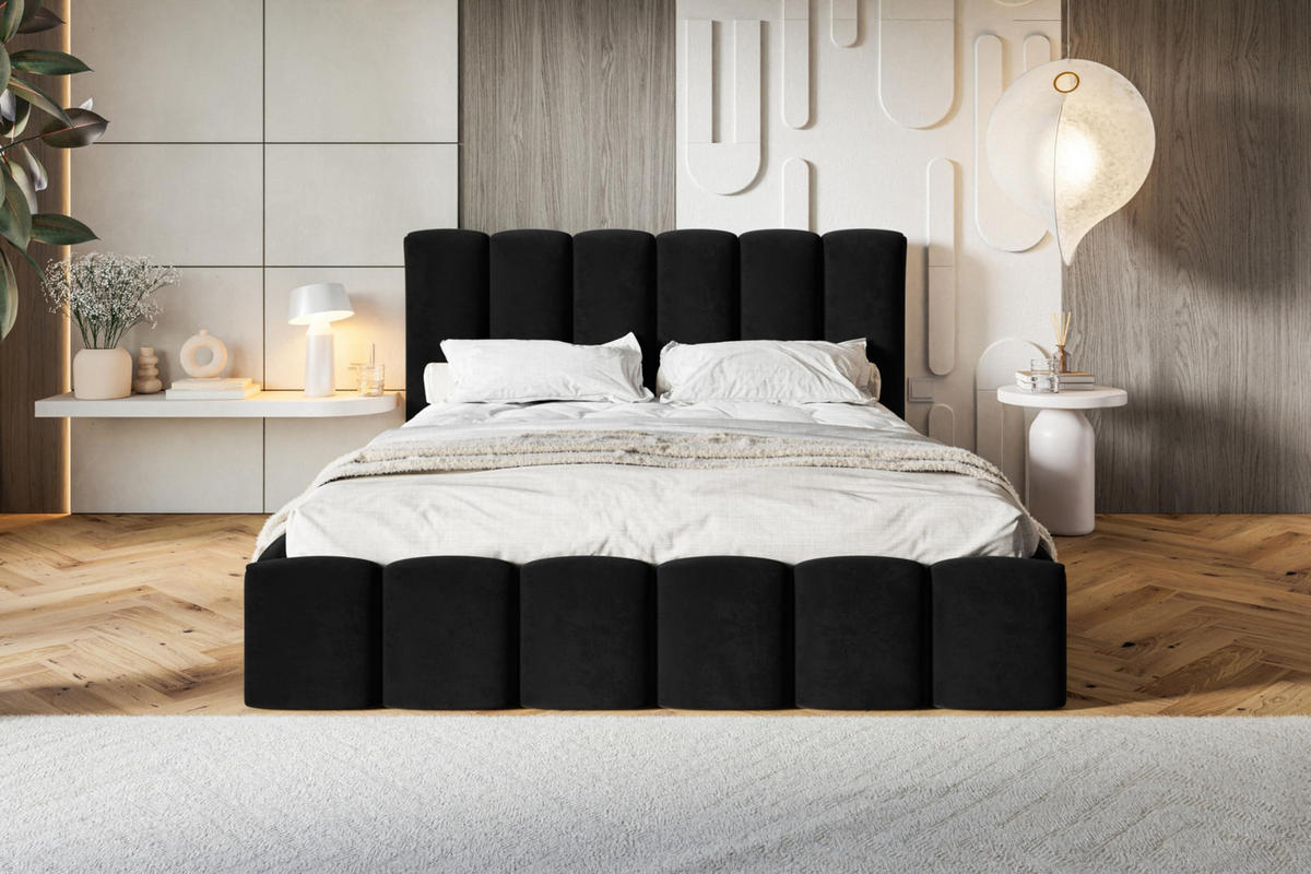 BETT 140x200 - Polsterbett mit Bettkasten und Holzrahmen - Modern Betten - Weicher Jasminstoff - Kollektion Lucy - Schwarz - Schwarz, Holz/Textil (140/200cm) - Alpi-Möbel