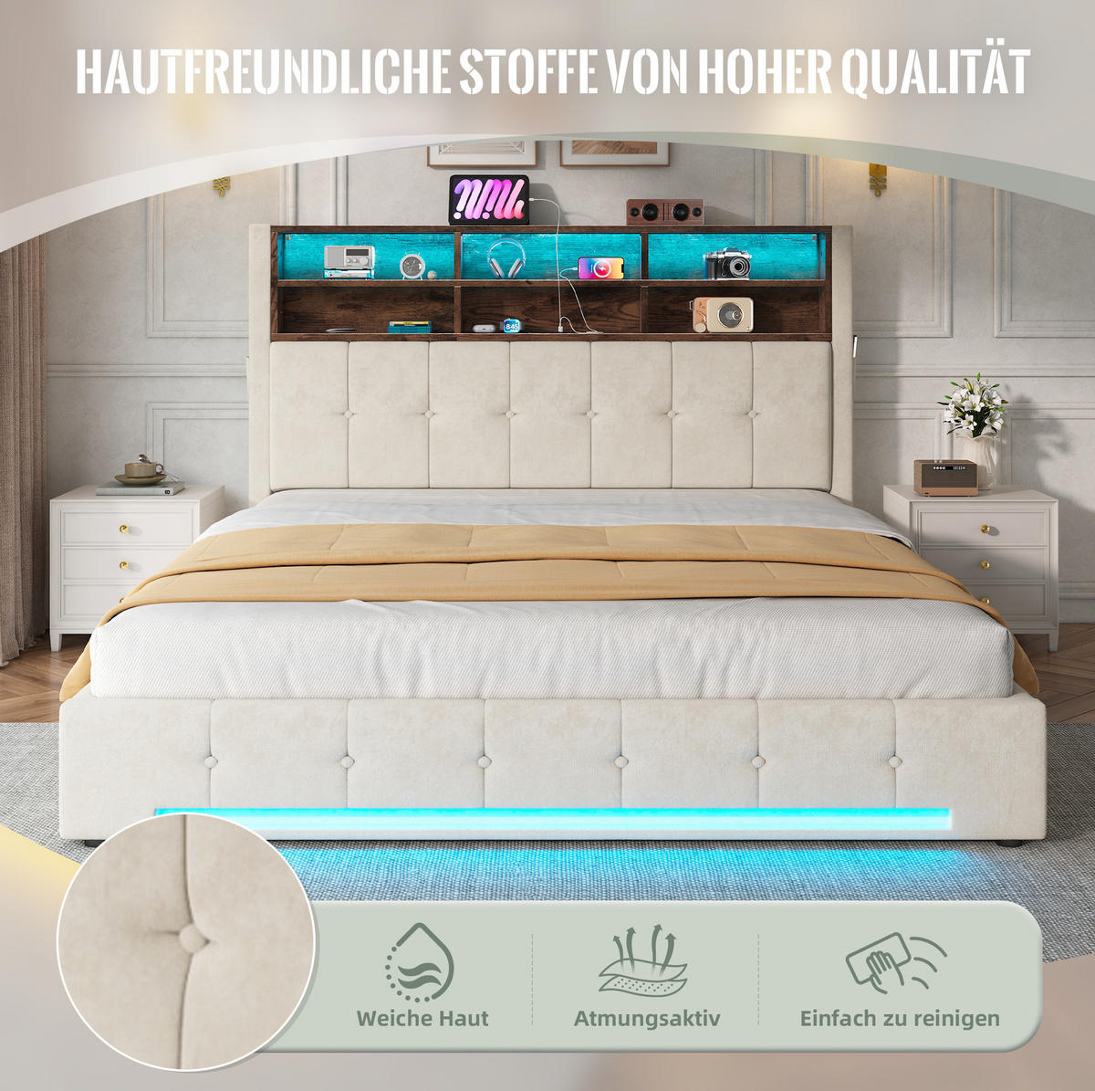 POSTEL 180/200 cm s LED osvětlením, USB-C, hydraulickým úložným prostorem a sametovým čelem s policemi, Béžová - béžová, kov (180/200cm) - Redom