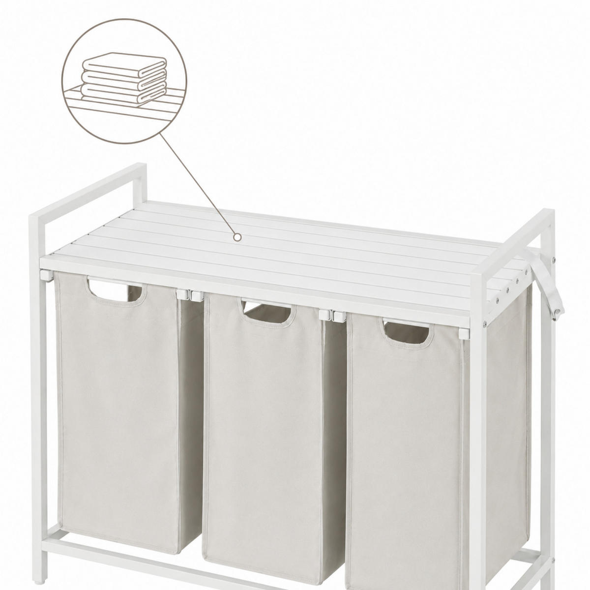 WÄSCHEKORB Metall Stoff MDF Weiß Beige 3 Wäschesäcke 114l 92,5x33x71 cm - Beige/Weiß, Metall (92.5/71/33cm) - Begryf