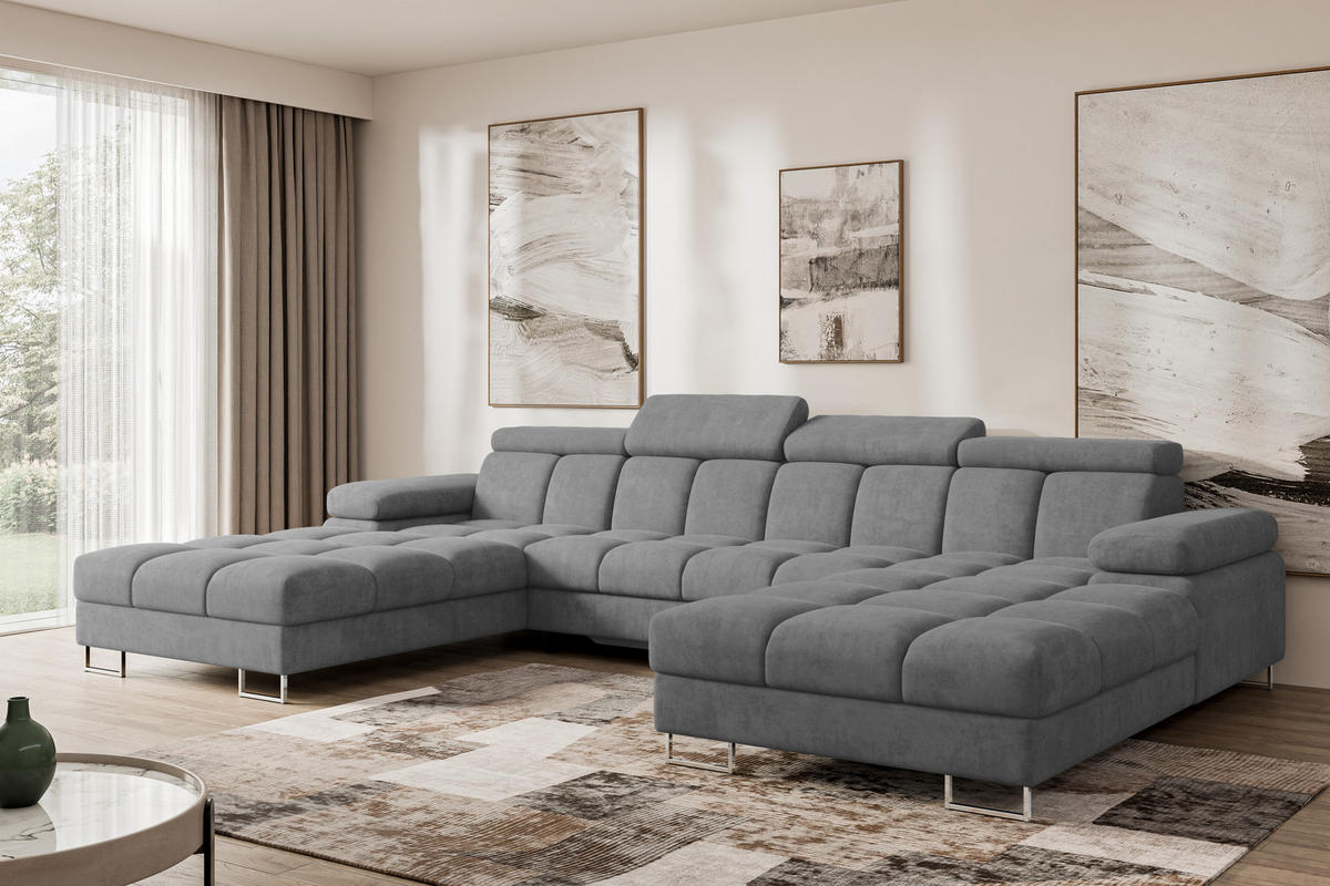 WOHNLANDSCHAFT mit Schlaffunktion und Bettkasten COMA U2 345x203x79 Grau Velours - Grau, Holzwerkstoff/Textil (345/79/203cm) - ALTDECOR