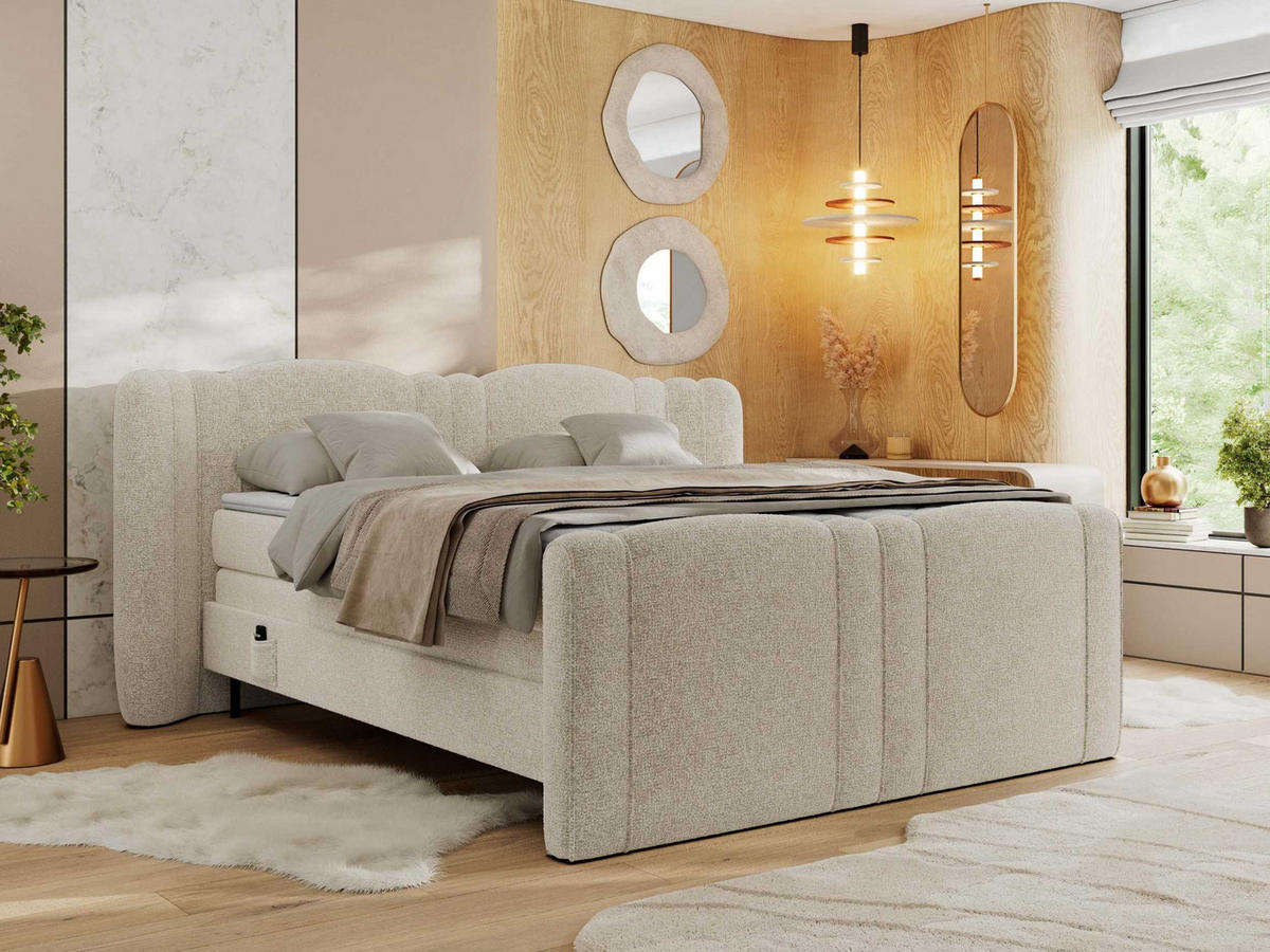 BOXSPRINGBETT FORTINA 140/200 - Creme Stukture - Topper T25 - H3 - Creme/Schwarz, Holz/Textil (140/200cm) - MKS