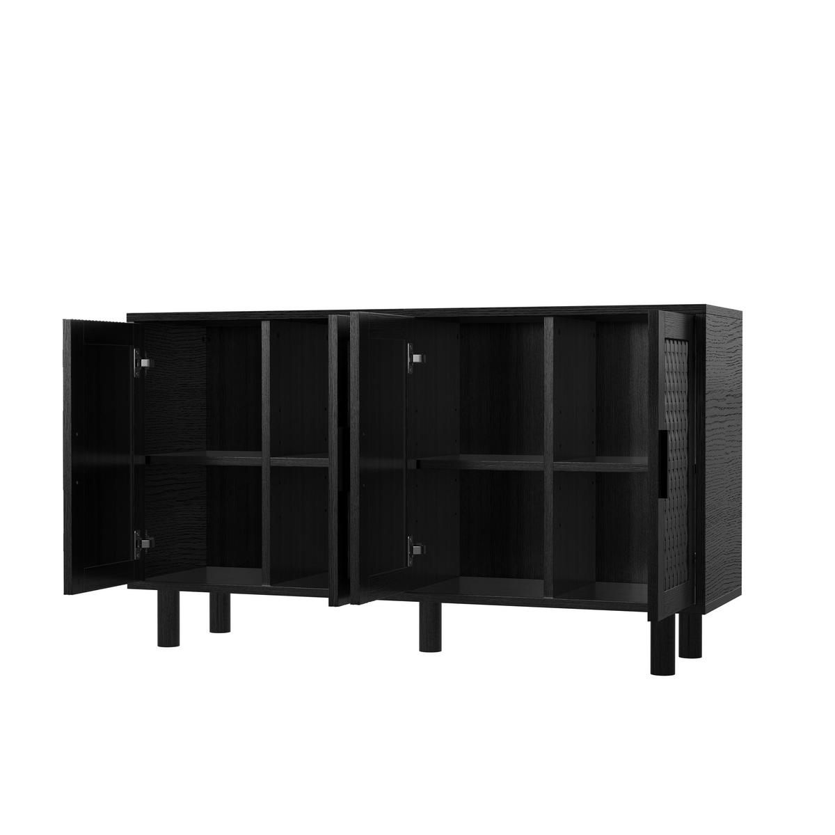 SIDEBOARD Japandi mit 4 Türen in Rattan-Optik 140/40/80 cm Schwarz - Schwarz, Holzwerkstoff (140/80/40cm) - Creahappy