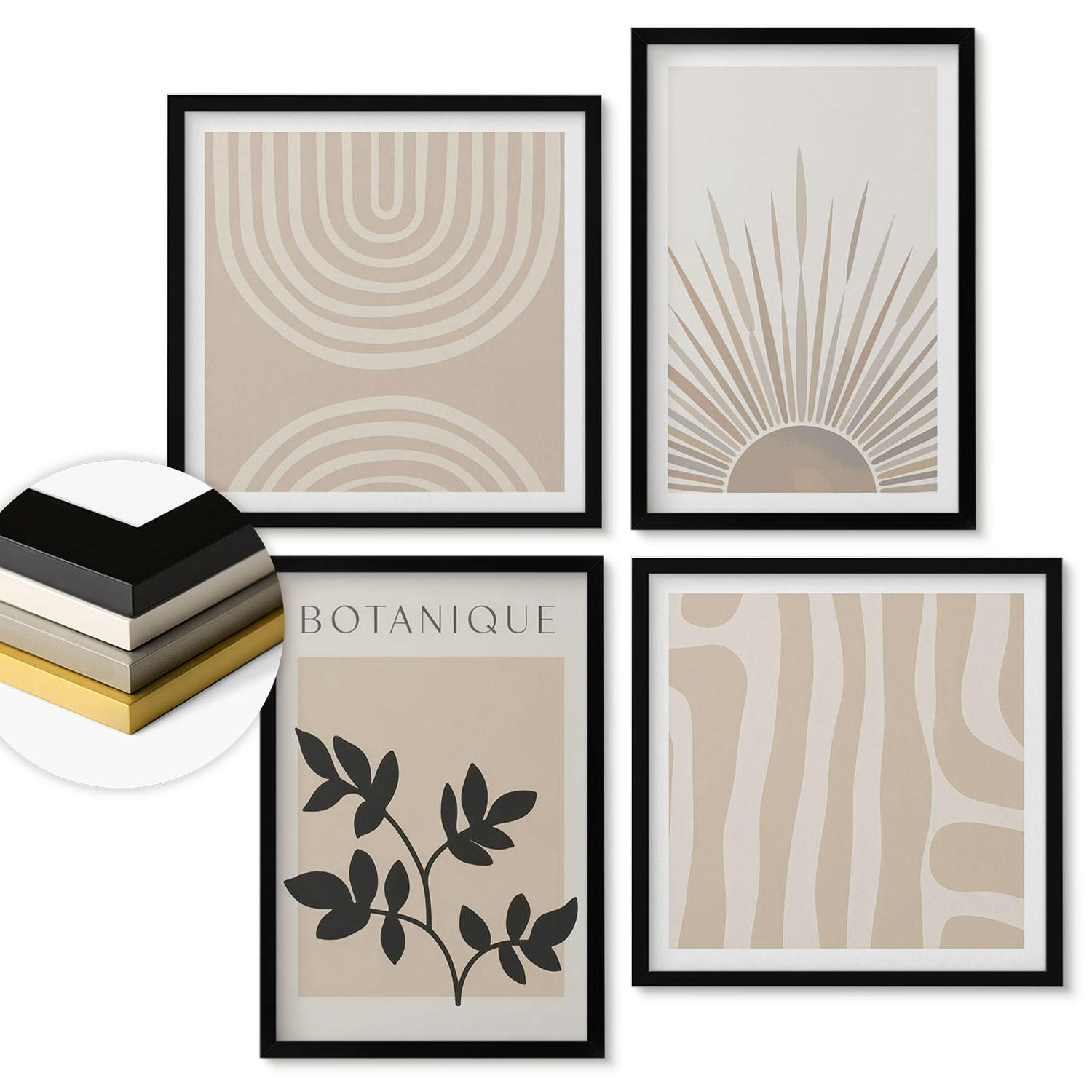 WANDBILDER 4er-Set - 50x50 cm & 40x60 cm Schwarzer Rahmen - Abstrakte Pflanzenmuster - Schwarz, Kunststoff (50/50cm) - ArtPrintCave