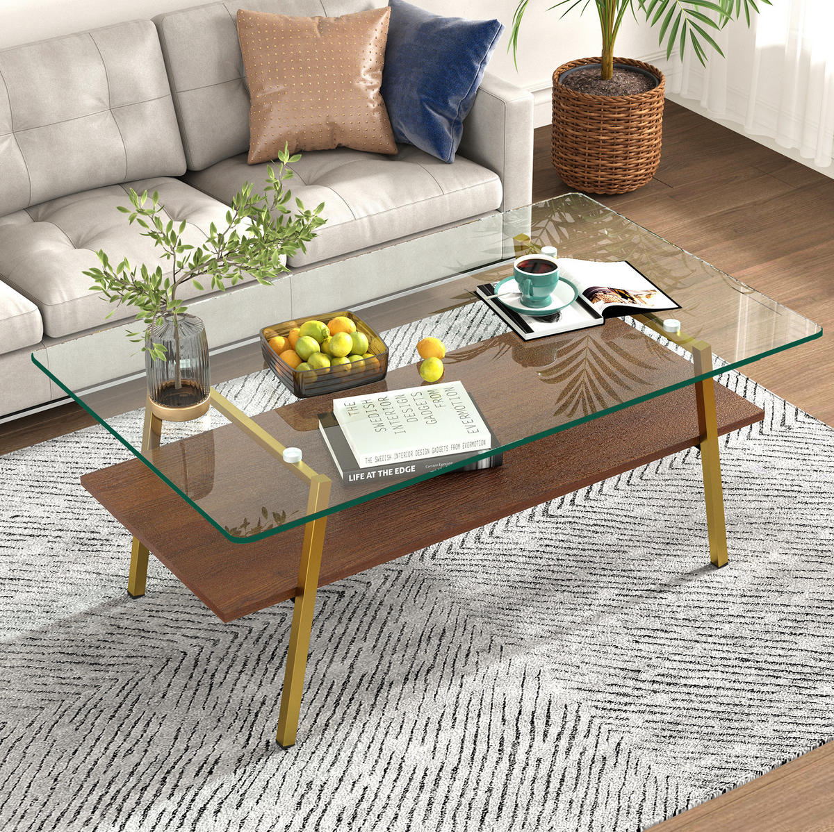 COUCHTISCH aus MDF 98x58x42 cm und gehärtetem Glas in Rosé und Gold mit Metallbeinen - Rosa, Holzwerkstoff (98/58/42.5cm) - IVMEU